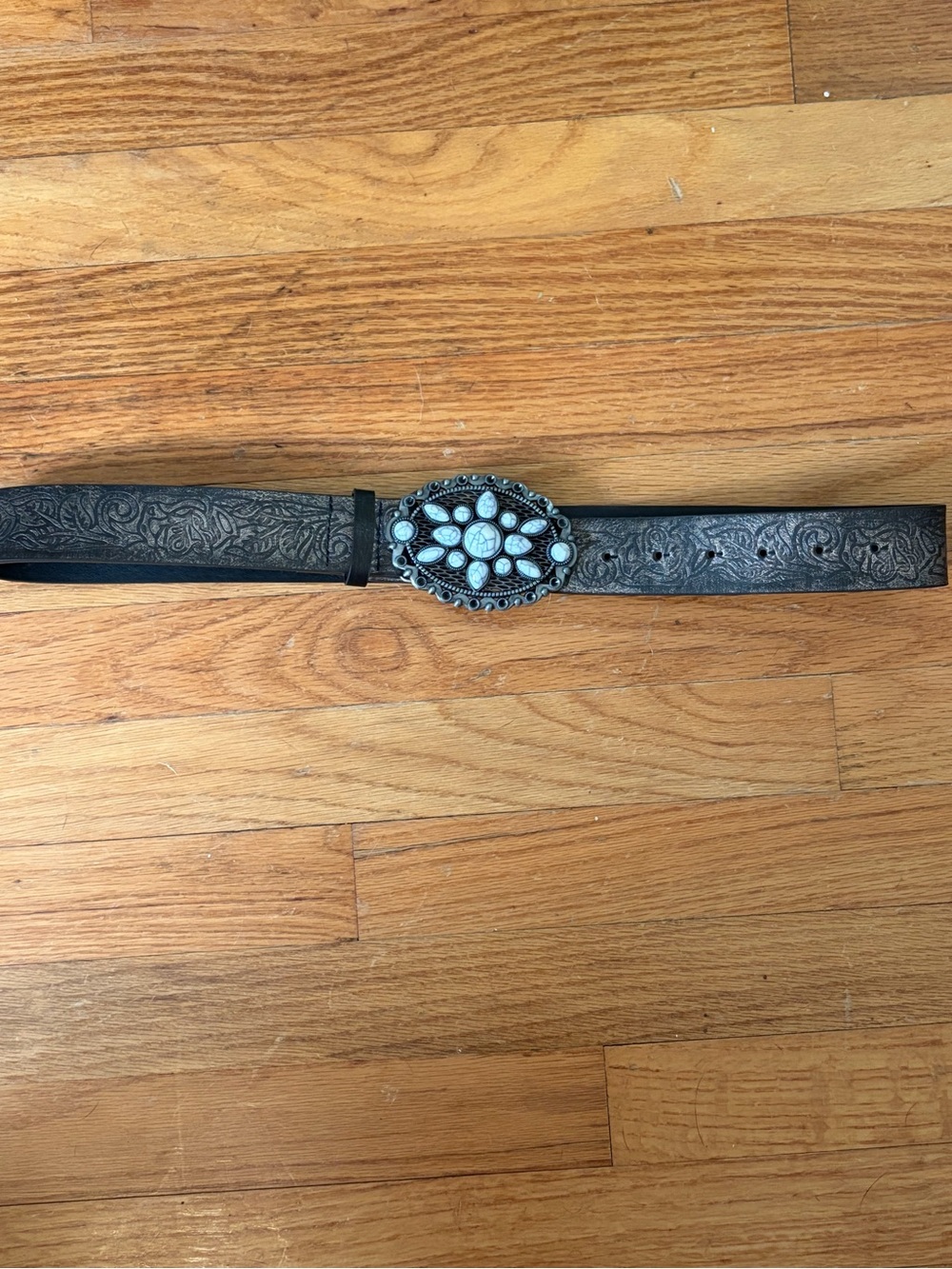 Tooled Black Leather Belt with Turquoise Concho